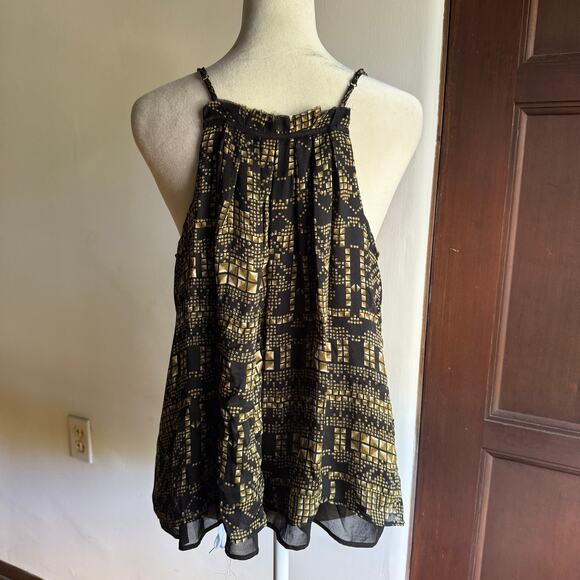 CALVIN RUCKER | Black and Gold Silk Double Layer Ruffle Neck Trapeze Tank Large - Picture 2 of 5